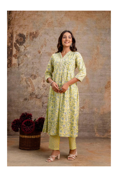 Lemon Floral Pure Cotton Kurta Set