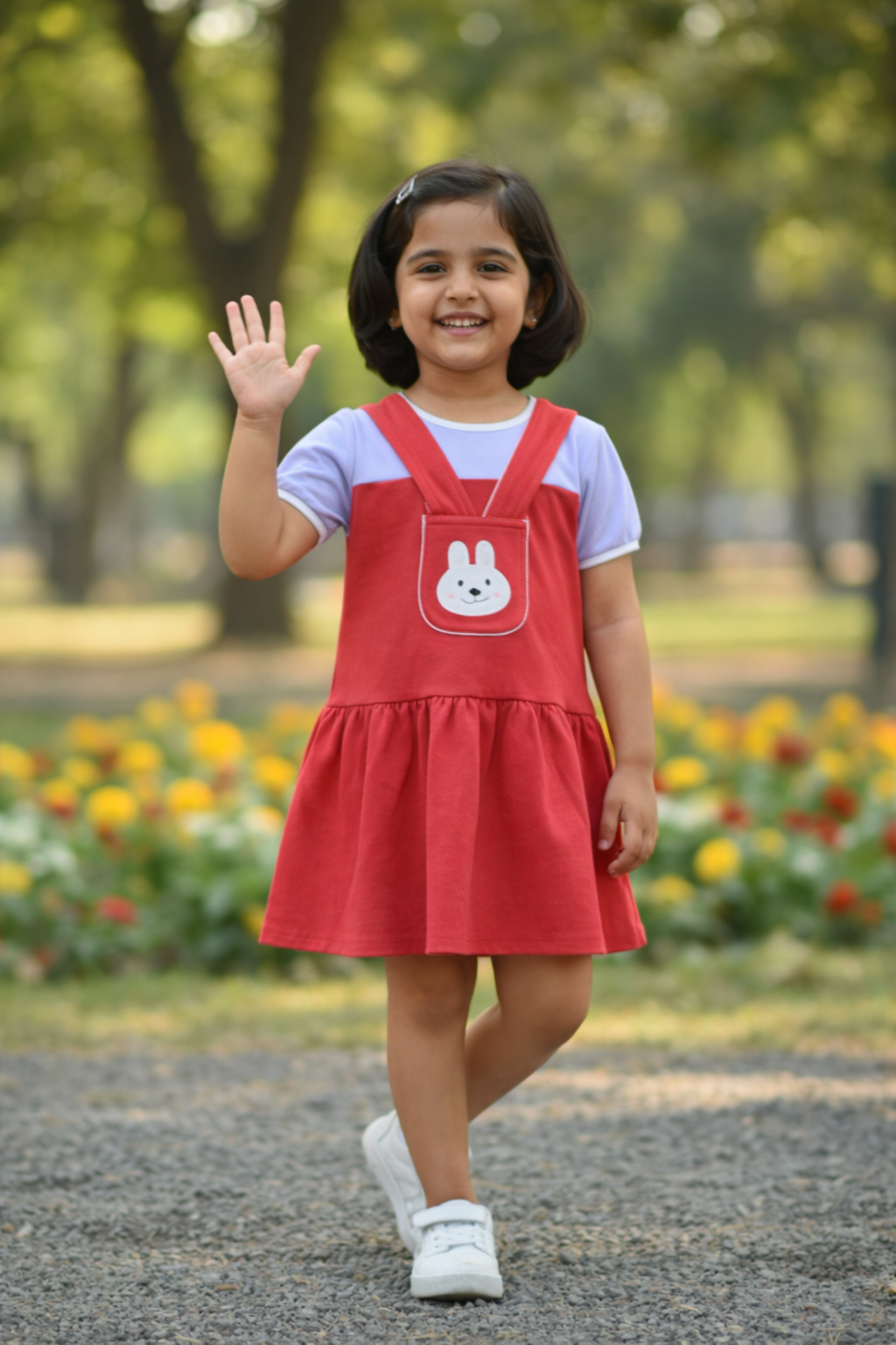 Girls Red Bunny Printed Frock – Soft Interlock Cotton Fabric