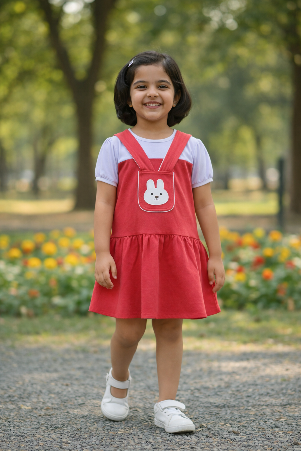 Girls Red Bunny Printed Frock – Soft Interlock Cotton Fabric