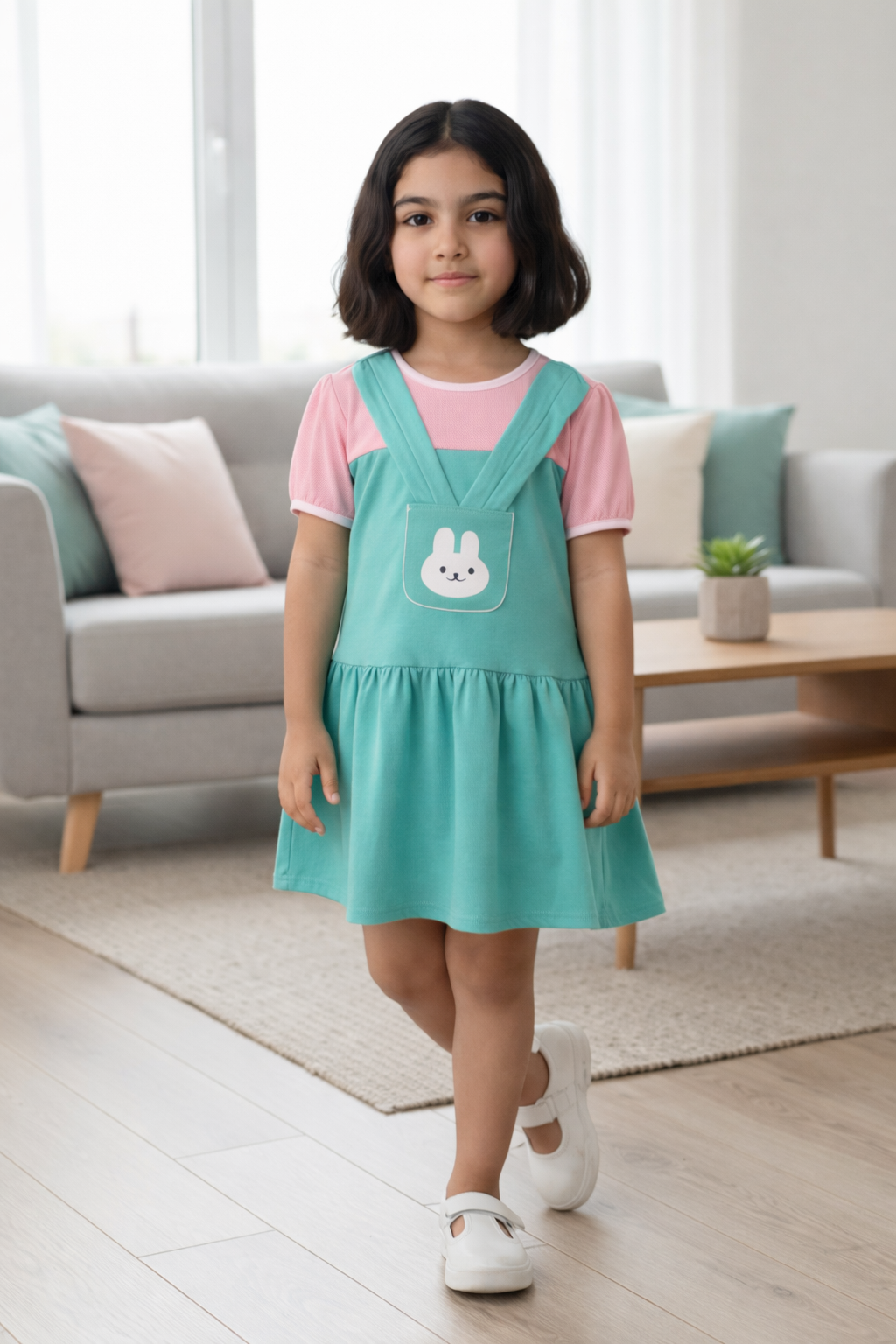 Girls Mint Green Bunny Pinafore Frock – Soft Interlock Cotton