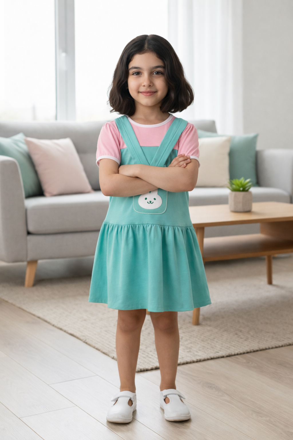 Girls Mint Green Bunny Pinafore Frock – Soft Interlock Cotton