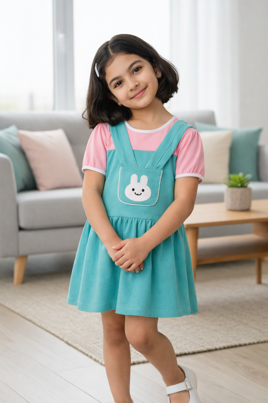 Girls Mint Green Bunny Pinafore Frock – Soft Interlock Cotton