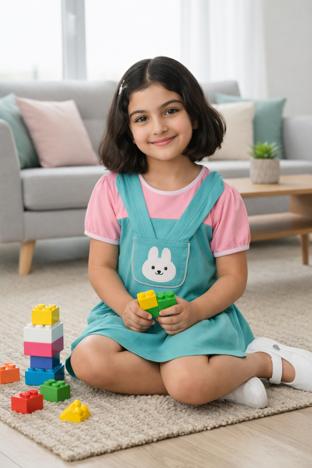 Girls Mint Green Bunny Pinafore Frock – Soft Interlock Cotton