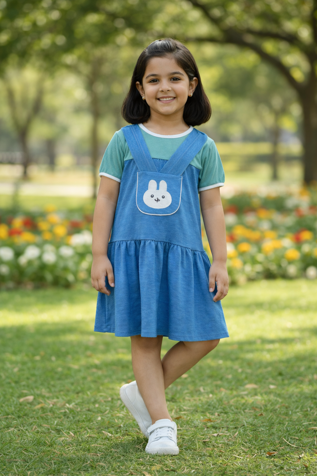 Girls Blue Bunny Pinafore Frock – Soft Interlock Cotton