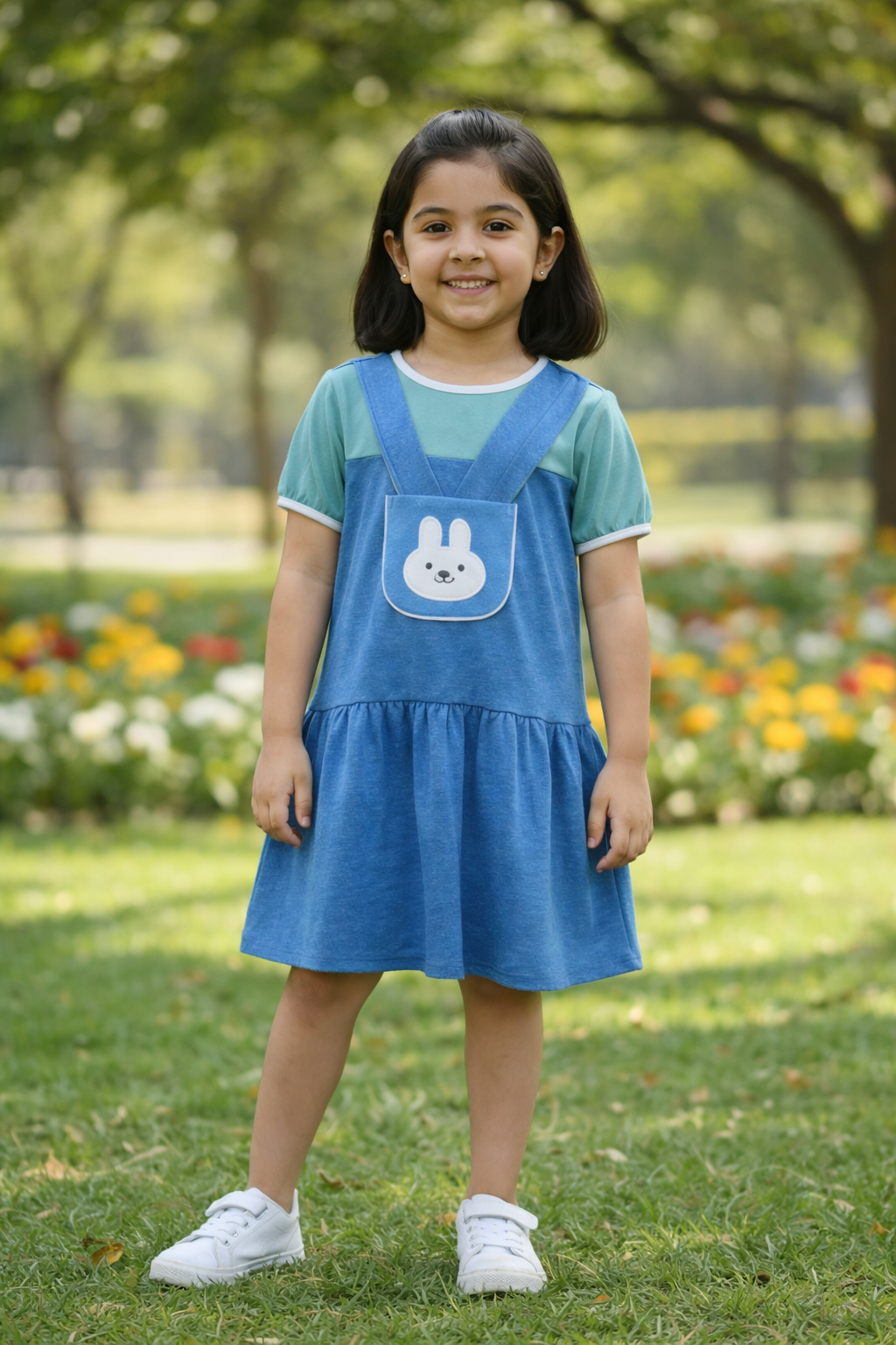 Girls Blue Bunny Pinafore Frock – Soft Interlock Cotton