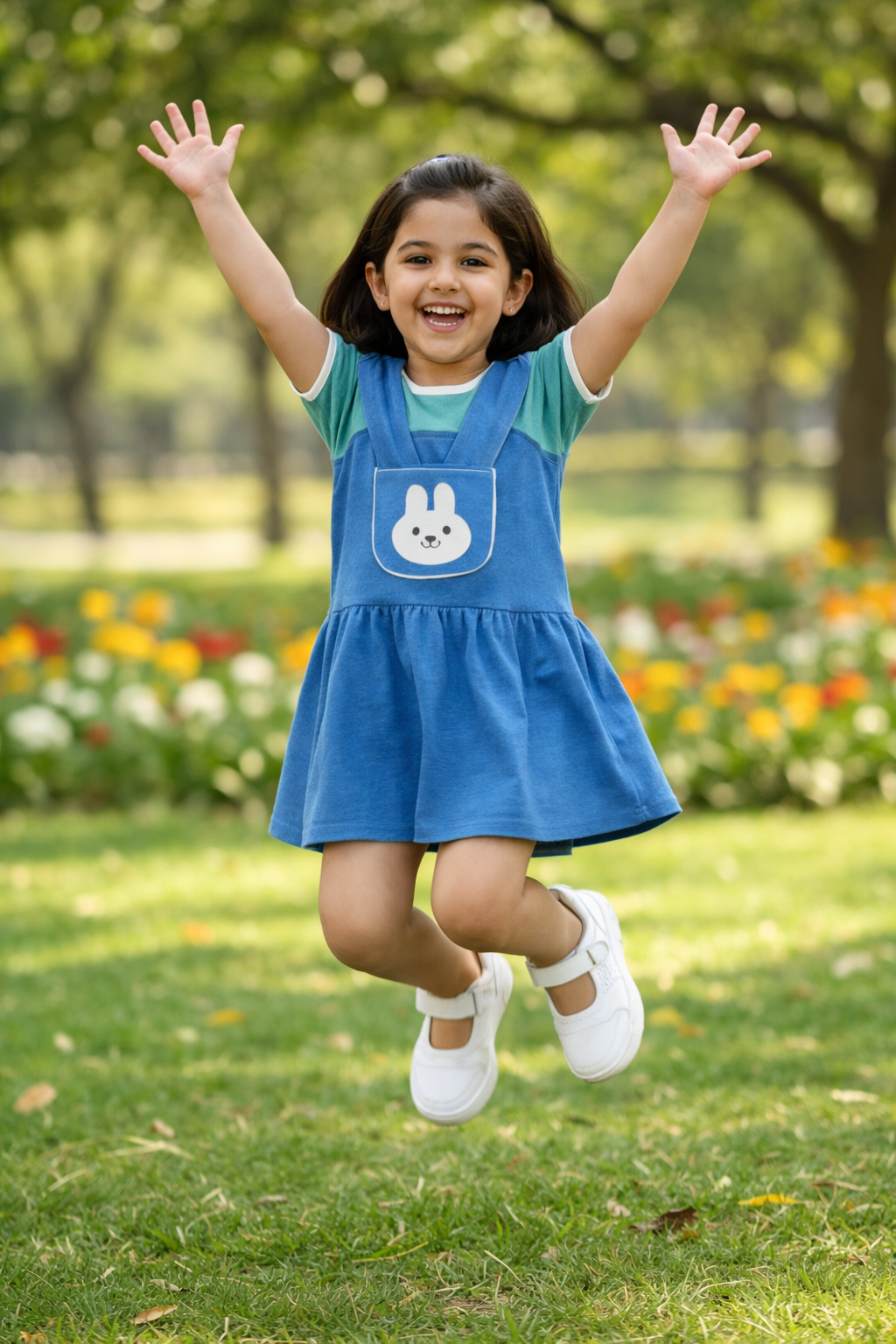 Girls Blue Bunny Pinafore Frock – Soft Interlock Cotton