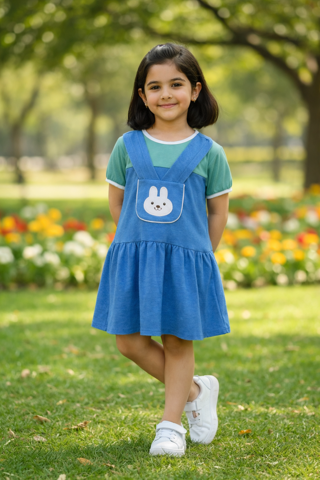 Girls Blue Bunny Pinafore Frock – Soft Interlock Cotton