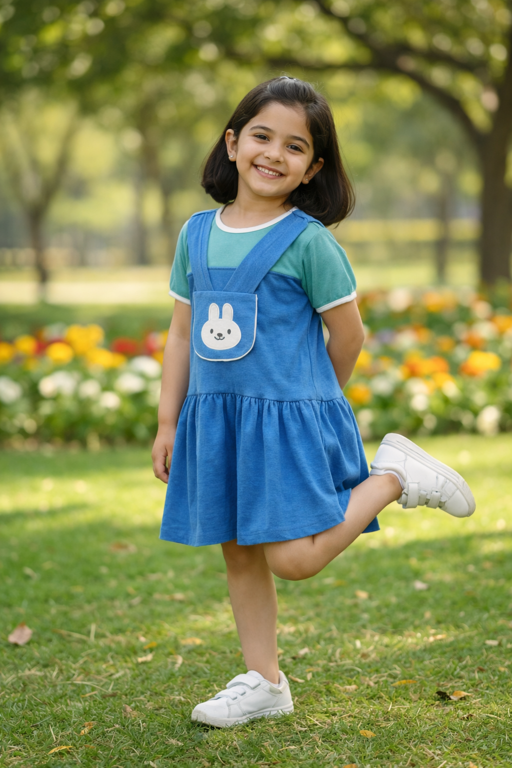 Girls Blue Bunny Pinafore Frock – Soft Interlock Cotton