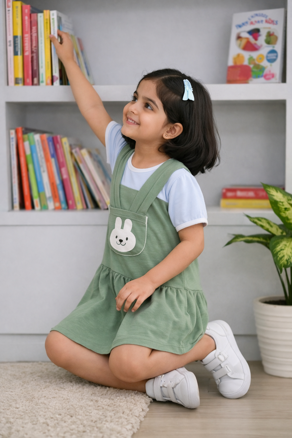 Girls Sage Green Bunny Pinafore Frock – Soft Interlock Cotton