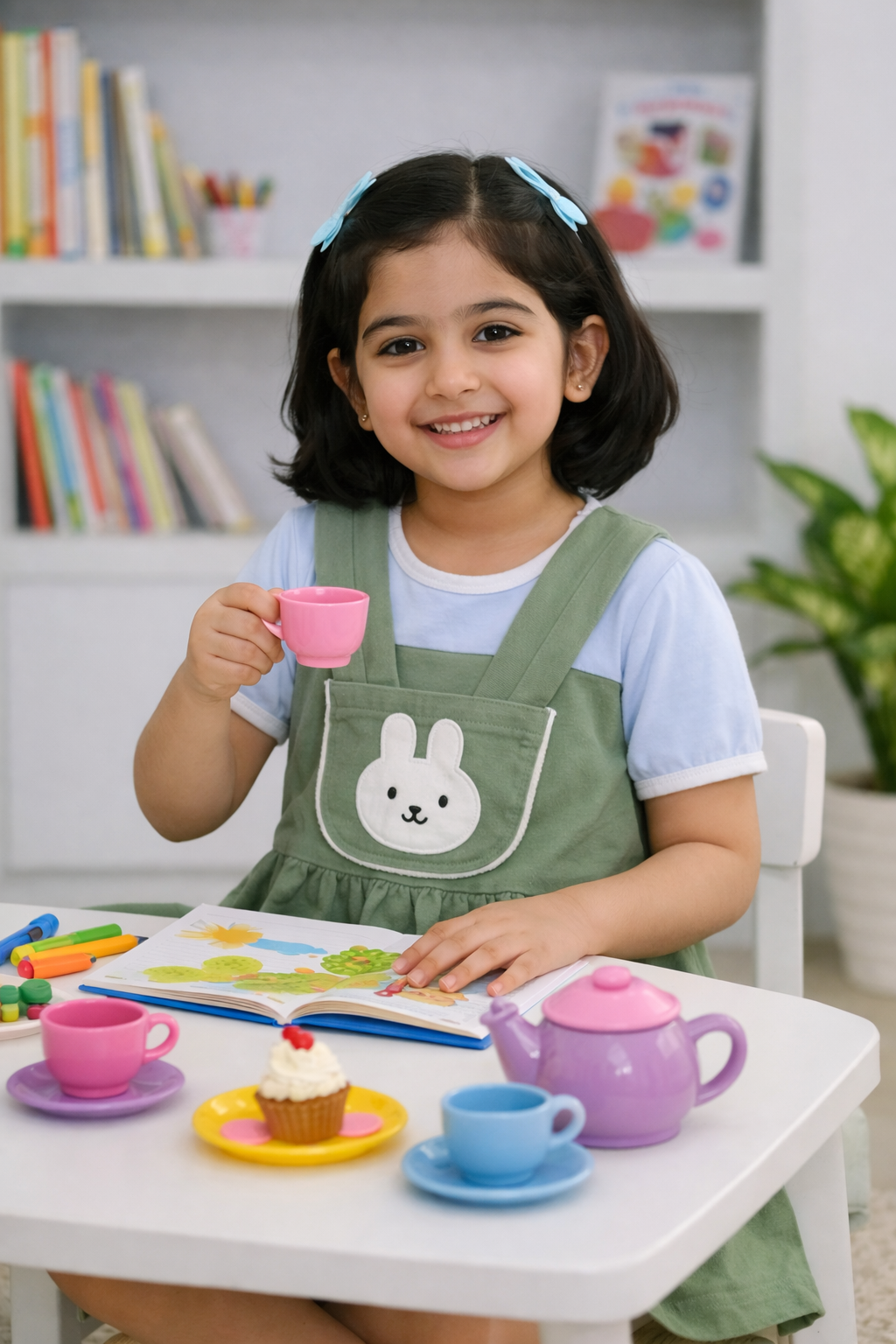 Girls Sage Green Bunny Pinafore Frock – Soft Interlock Cotton