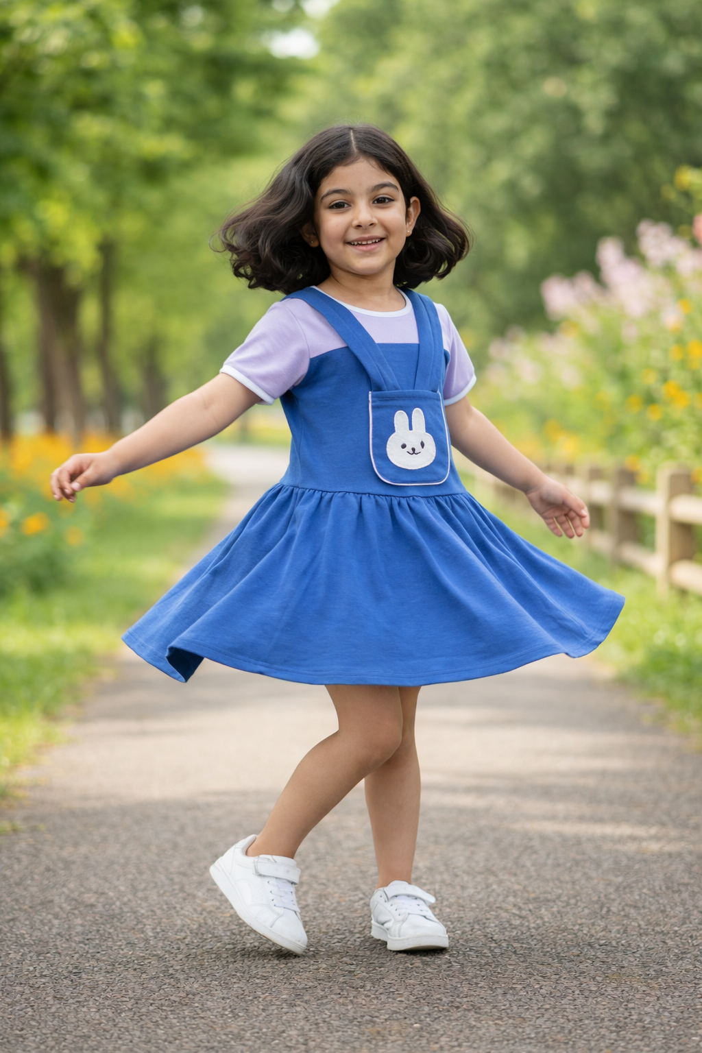 Girls Navy Blue Bunny Pinafore Frock – Soft Interlock Cotton