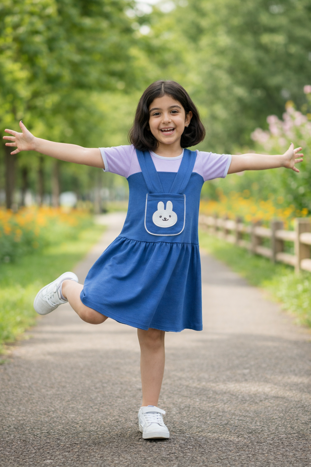 Girls Navy Blue Bunny Pinafore Frock – Soft Interlock Cotton