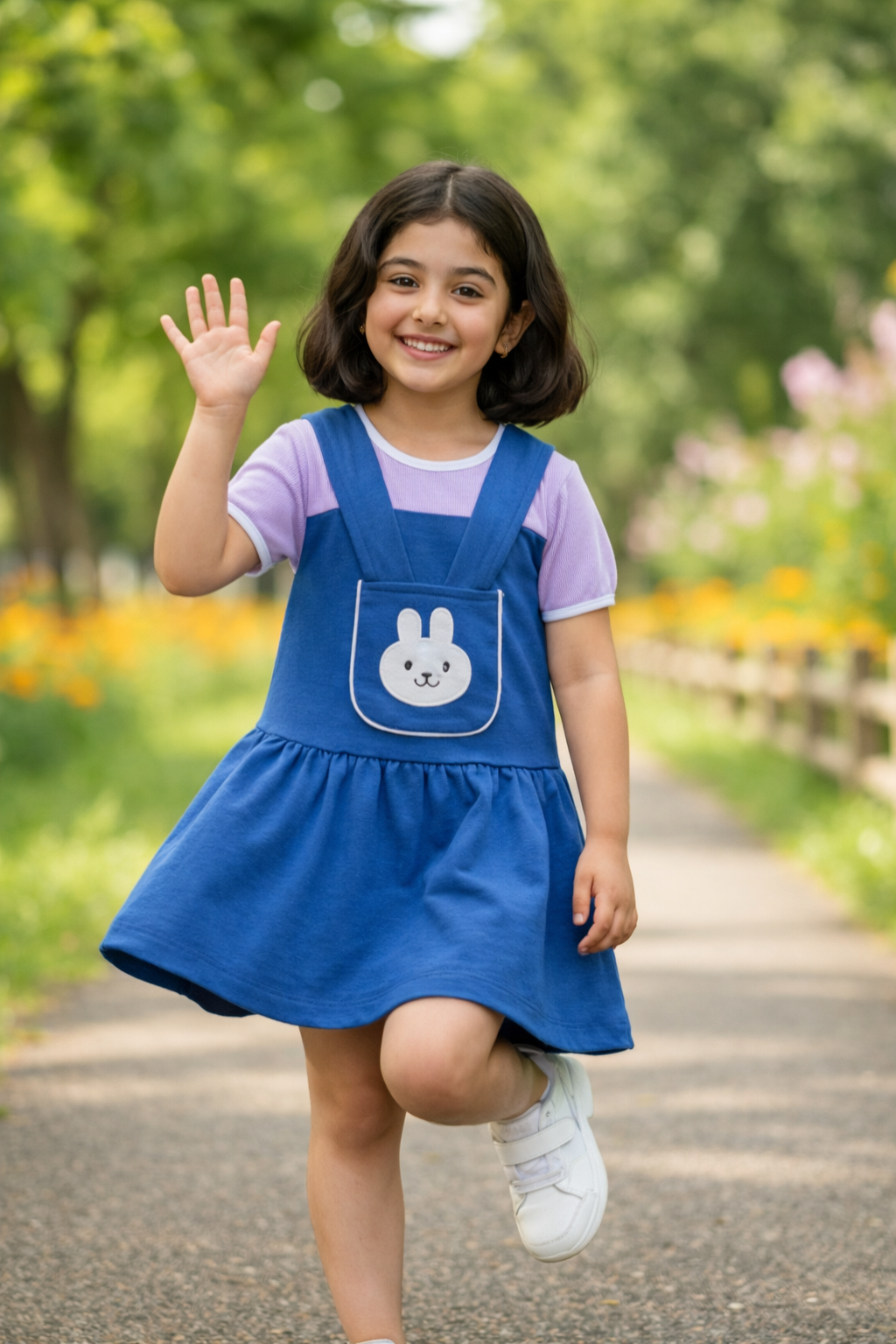 Girls Navy Blue Bunny Pinafore Frock – Soft Interlock Cotton