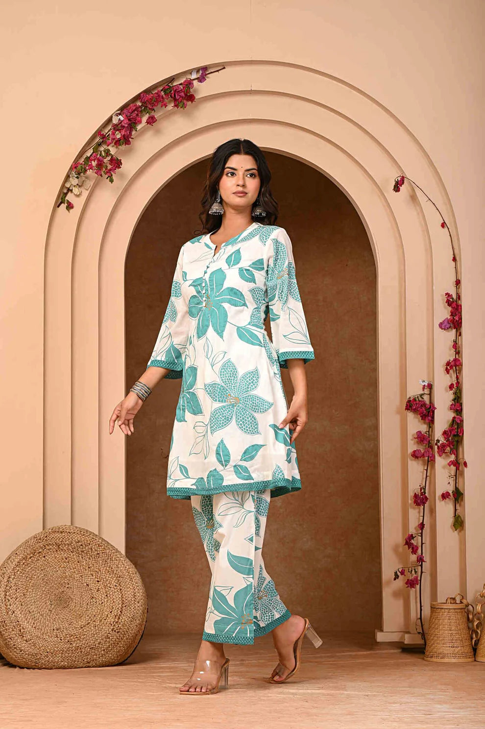 Teal Floral Print Pure Cotton Kurta Co-Ord Set