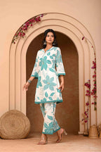 Teal Floral Print Pure Cotton Kurta Co-Ord Set