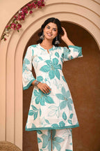 Teal Floral Print Pure Cotton Kurta Co-Ord Set