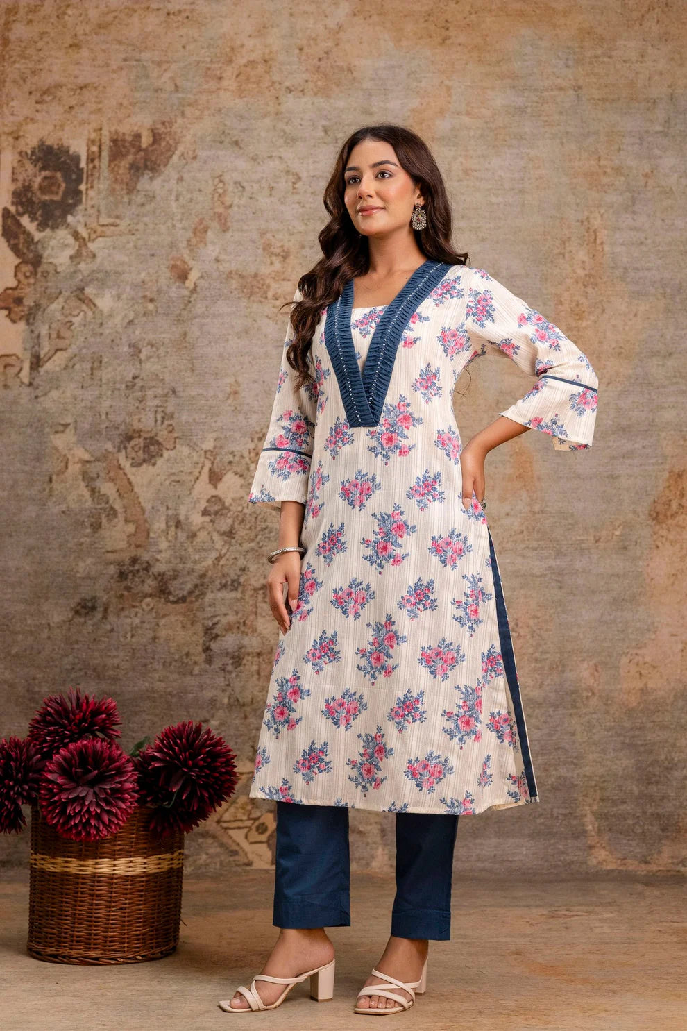 Teal White Pure Cotton Floral Kurta Set