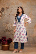 Teal White Pure Cotton Floral Kurta Set