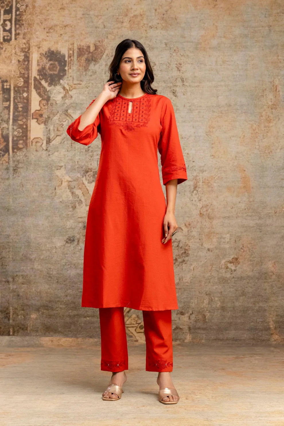 Rust Orange Embroidered Yoke Pure Cotton Kurta Set