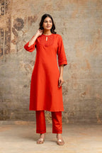 Rust Orange Embroidered Yoke Pure Cotton Kurta Set
