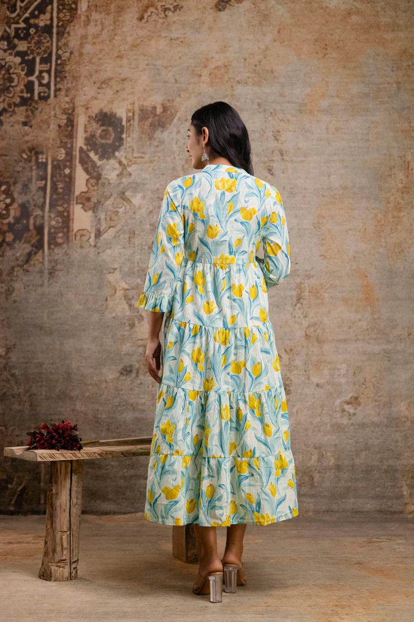 Pure Cotton Printed Flared Midi Dress