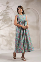 Green jal print dress crafted from pure cotton