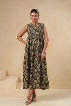 Dark Green Floral Printed Sleeveless Cotton Flare Dress for Women