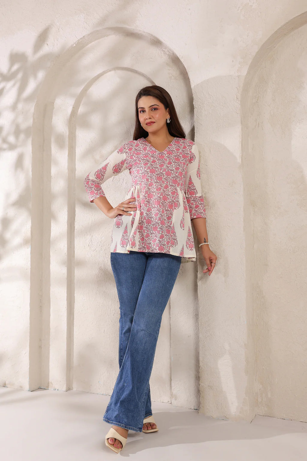 Ivory Pure Cotton Pink Buta Printed Peplum Top