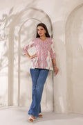 Ivory Pure Cotton Pink Buta Printed Peplum Top