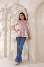 Ivory Pure Cotton Pink Buta Printed Peplum Top