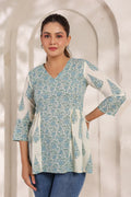 Ivory Pure Cotton Jaipuri Floral Jaal Printed Peplum Top