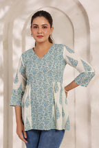 Ivory Pure Cotton Jaipuri Floral Jaal Printed Peplum Top