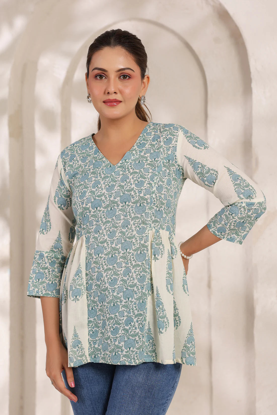 Ivory Pure Cotton Jaipuri Floral Jaal Printed Peplum Top
