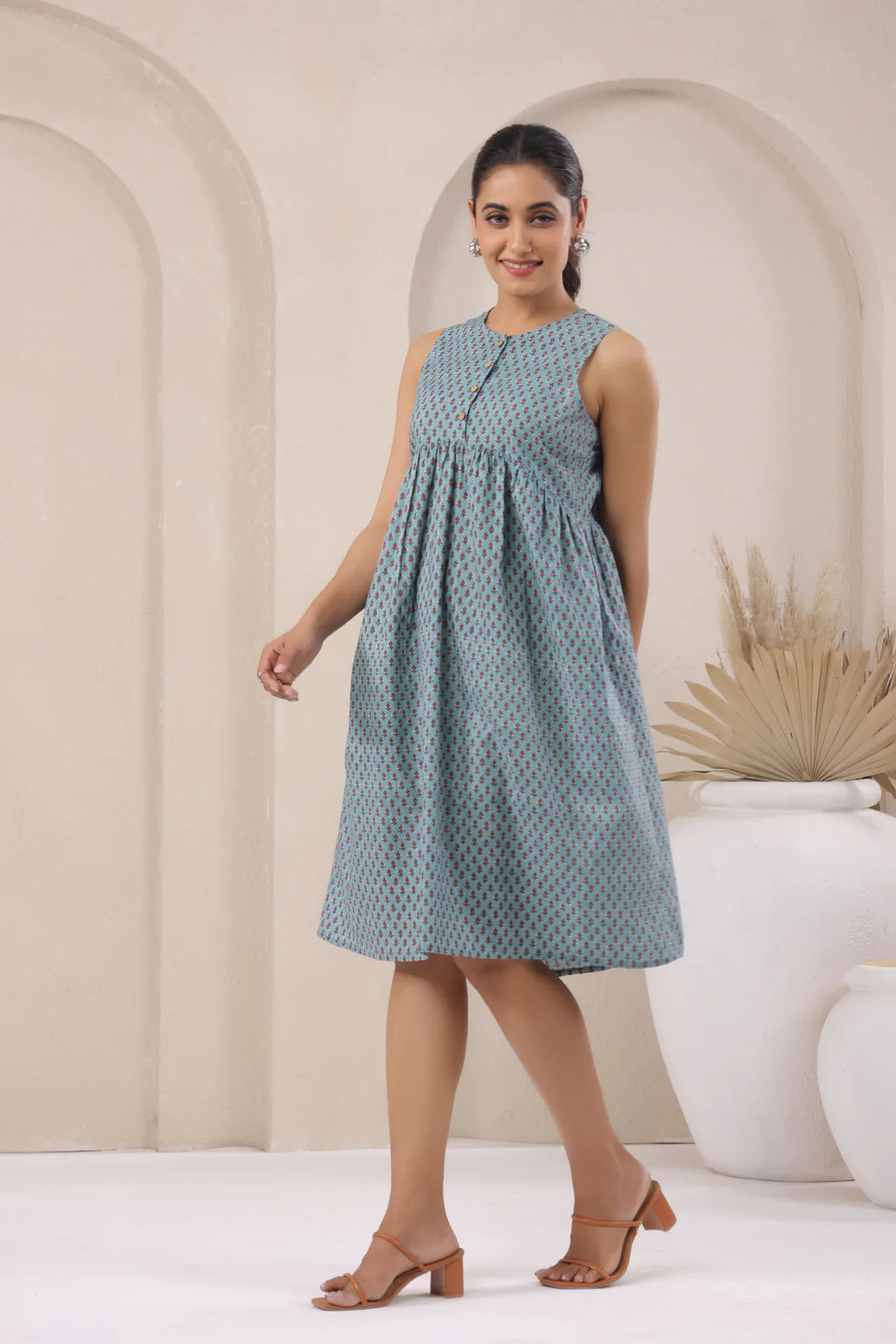 Printed Cotton Front Placket Midi Dress — Sleeveless, Everyday Comfort Fit