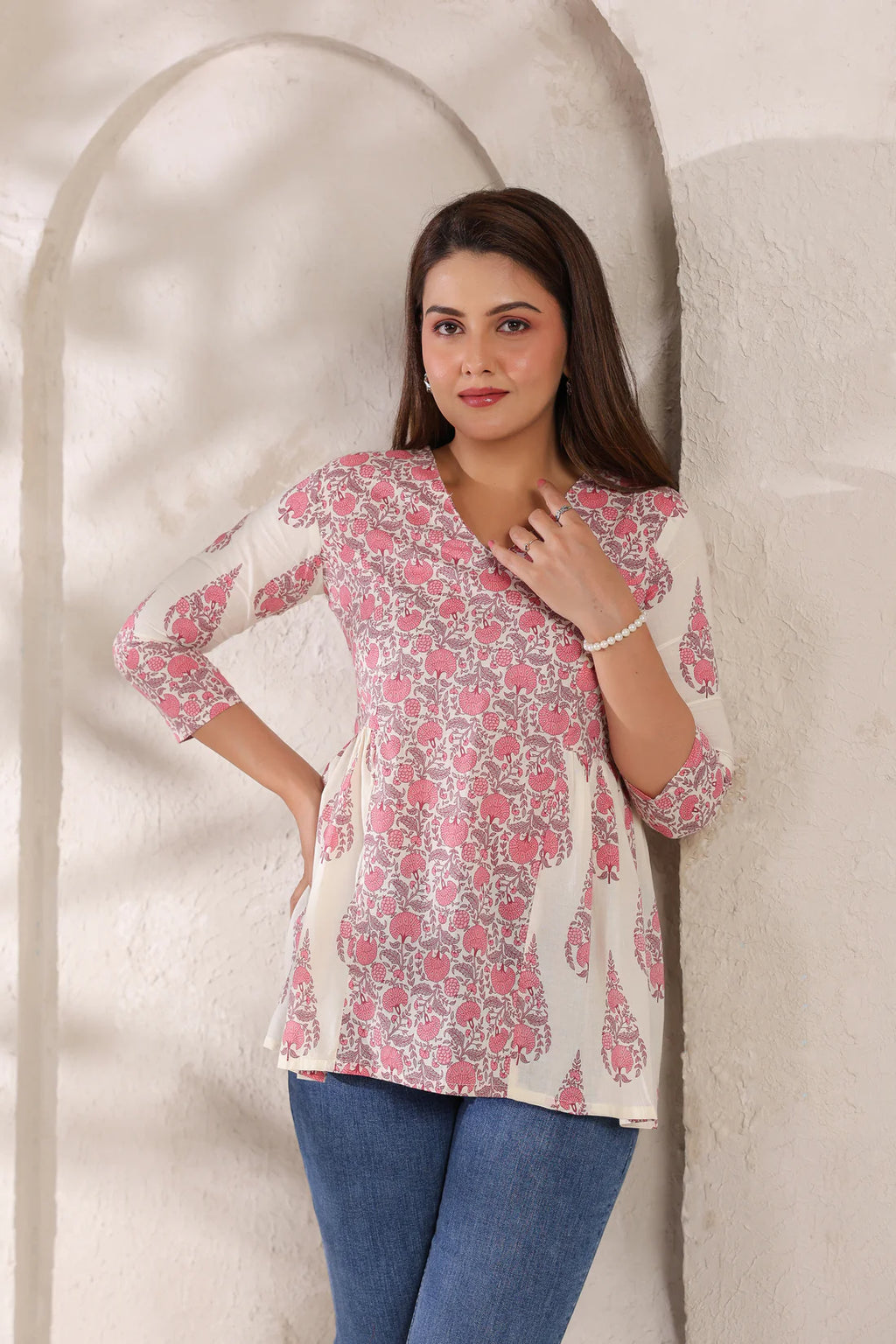 Ivory Pure Cotton Pink Buta Printed Peplum Top
