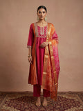 Pink and orange chinnon embroidered Anarkali kurta set