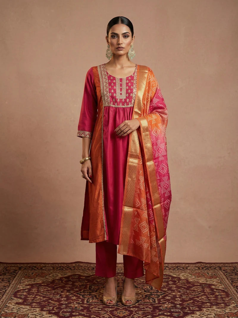 Pink and orange chinnon embroidered Anarkali kurta set
