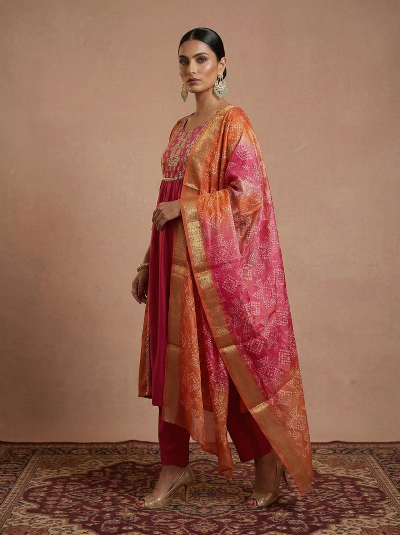 Pink and orange chinnon embroidered Anarkali kurta set