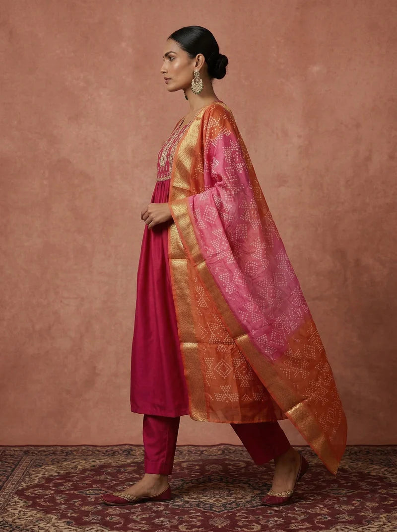 Pink and orange chinnon embroidered Anarkali kurta set