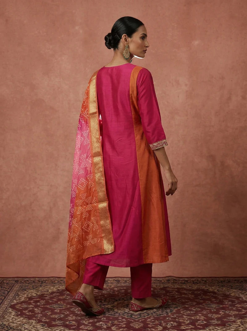 Pink and orange chinnon embroidered Anarkali kurta set