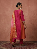 Pink and orange chinnon embroidered Anarkali kurta set