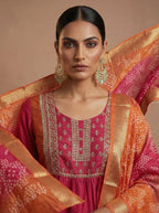 Pink and orange chinnon embroidered Anarkali kurta set