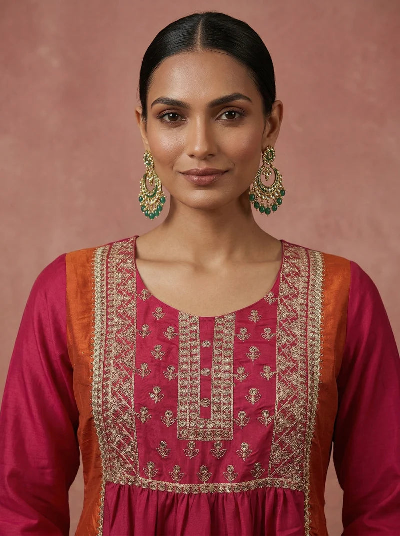 Pink and orange chinnon embroidered Anarkali kurta set