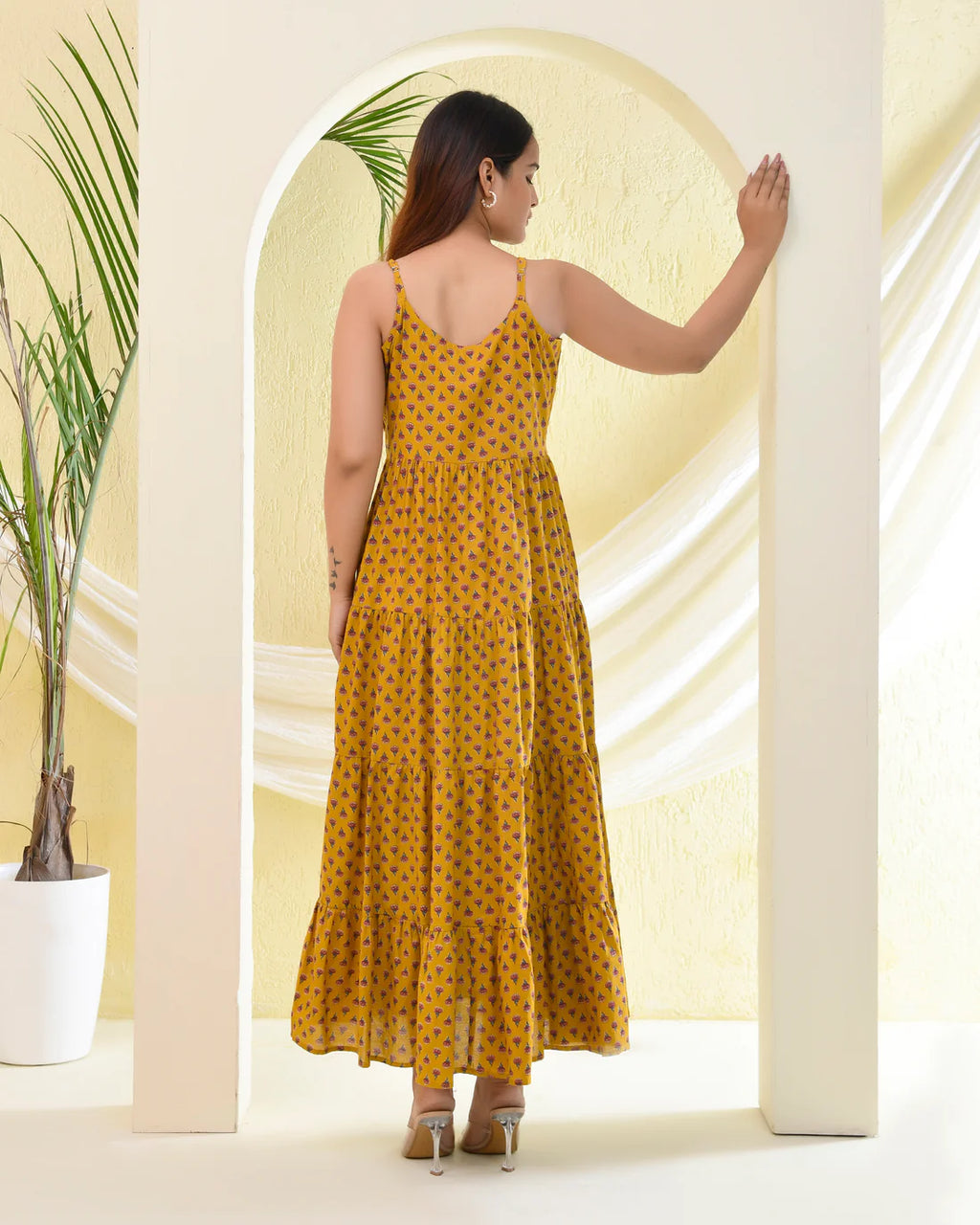 Mustard Printed Tiered Maxi Dress — Premium Cotton, Adjustable Straps