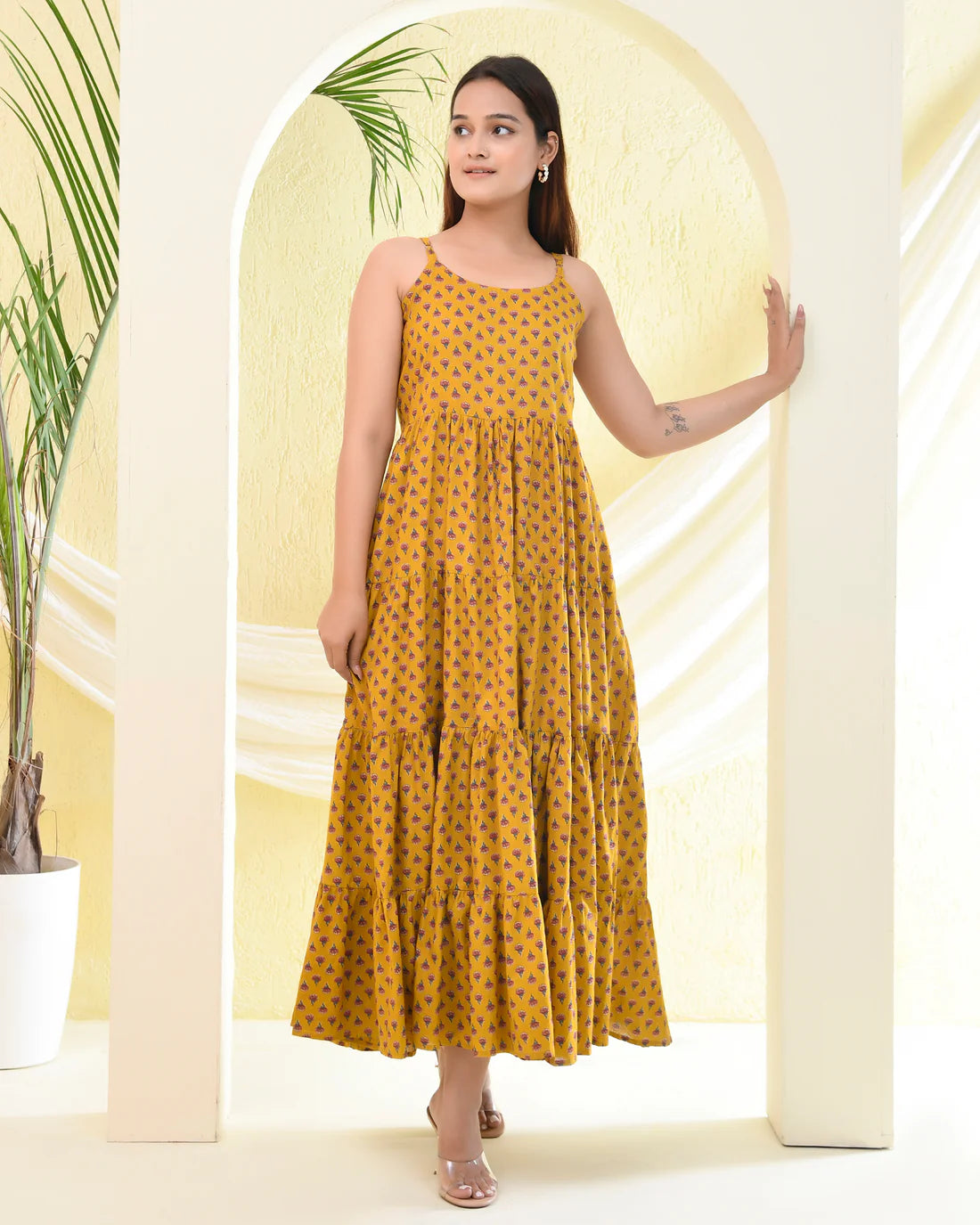 Mustard Printed Tiered Maxi Dress — Premium Cotton, Adjustable Straps
