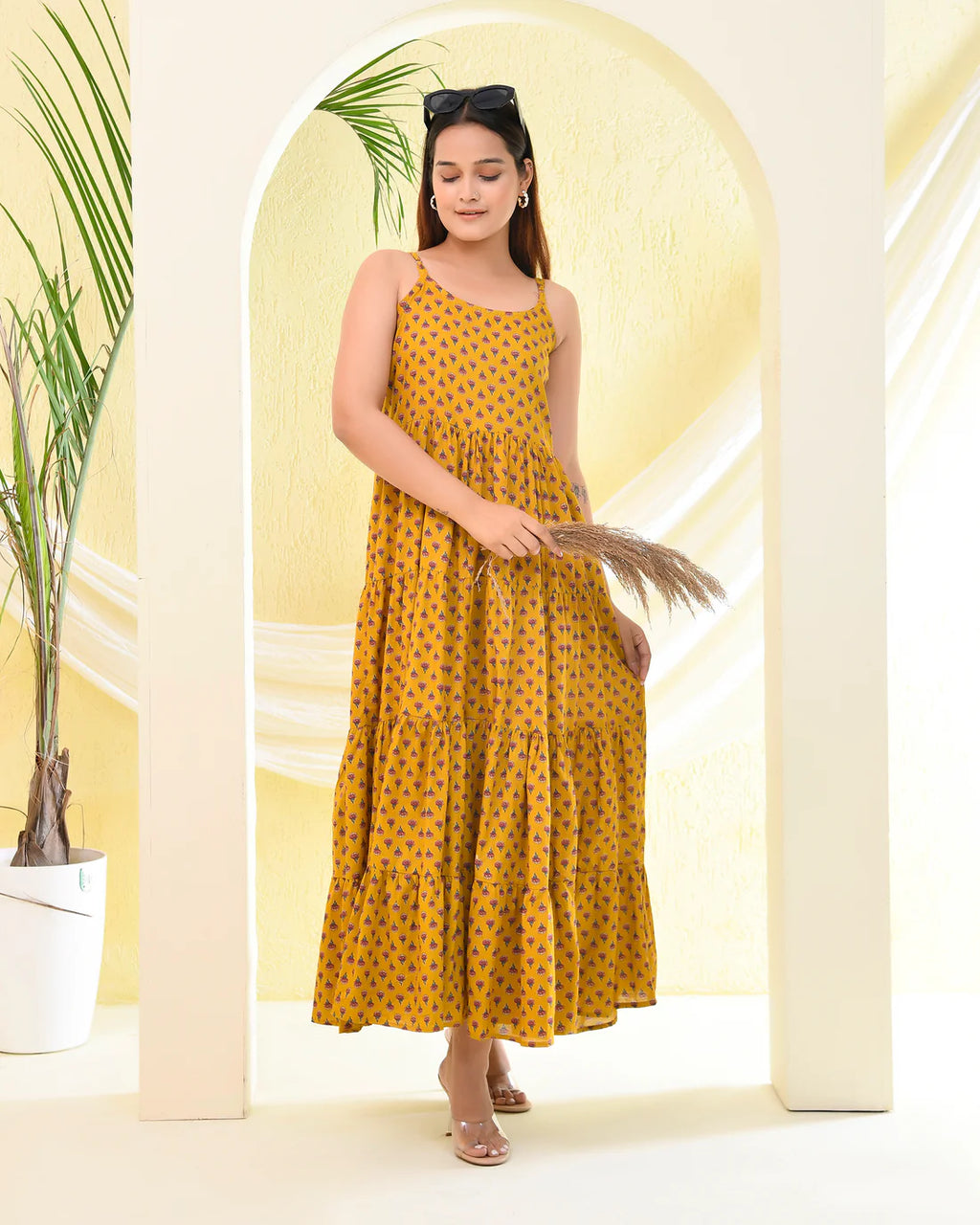 Mustard Printed Tiered Maxi Dress — Premium Cotton, Adjustable Straps