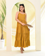 Mustard Printed Tiered Maxi Dress — Premium Cotton, Adjustable Straps