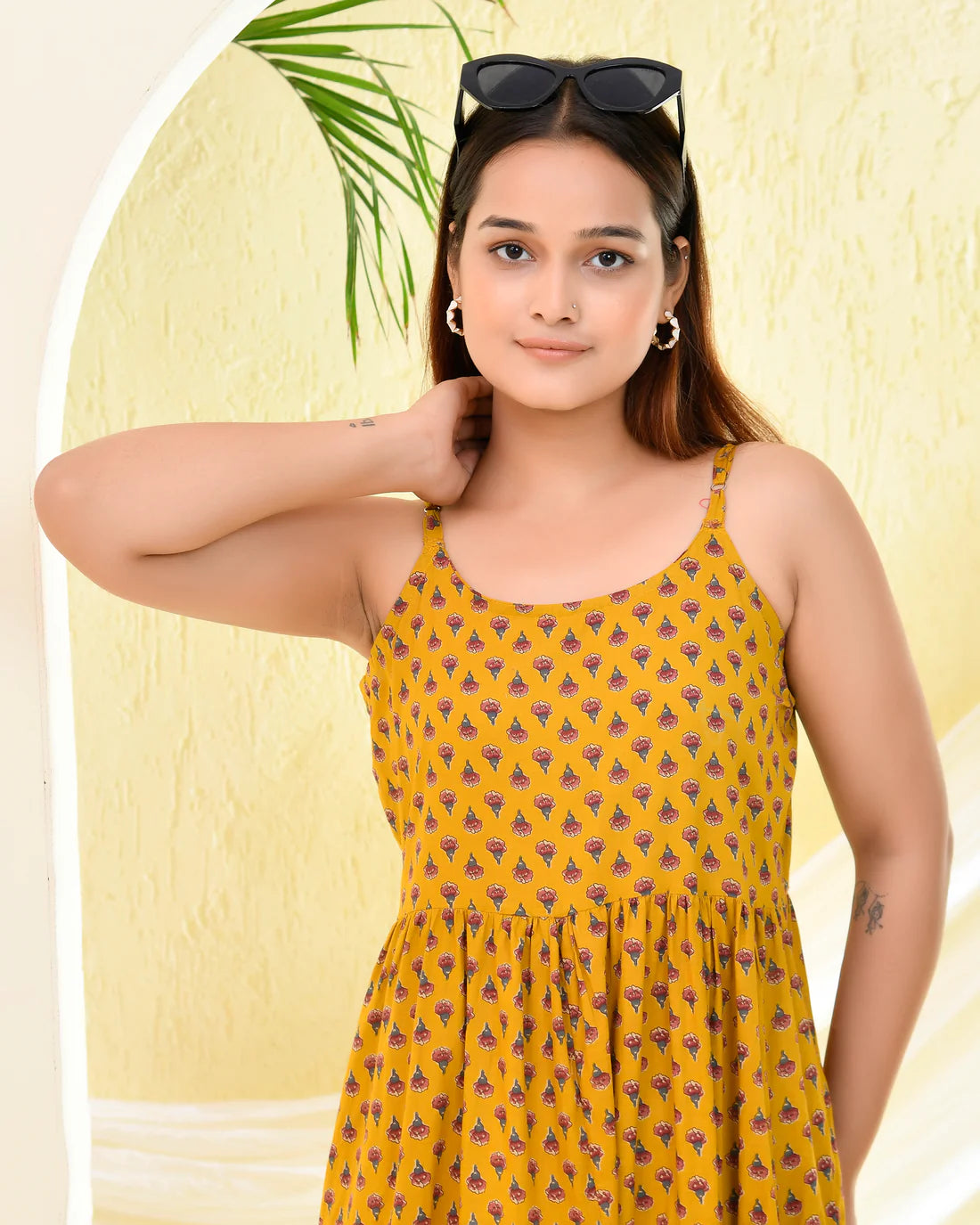 Mustard Printed Tiered Maxi Dress — Premium Cotton, Adjustable Straps
