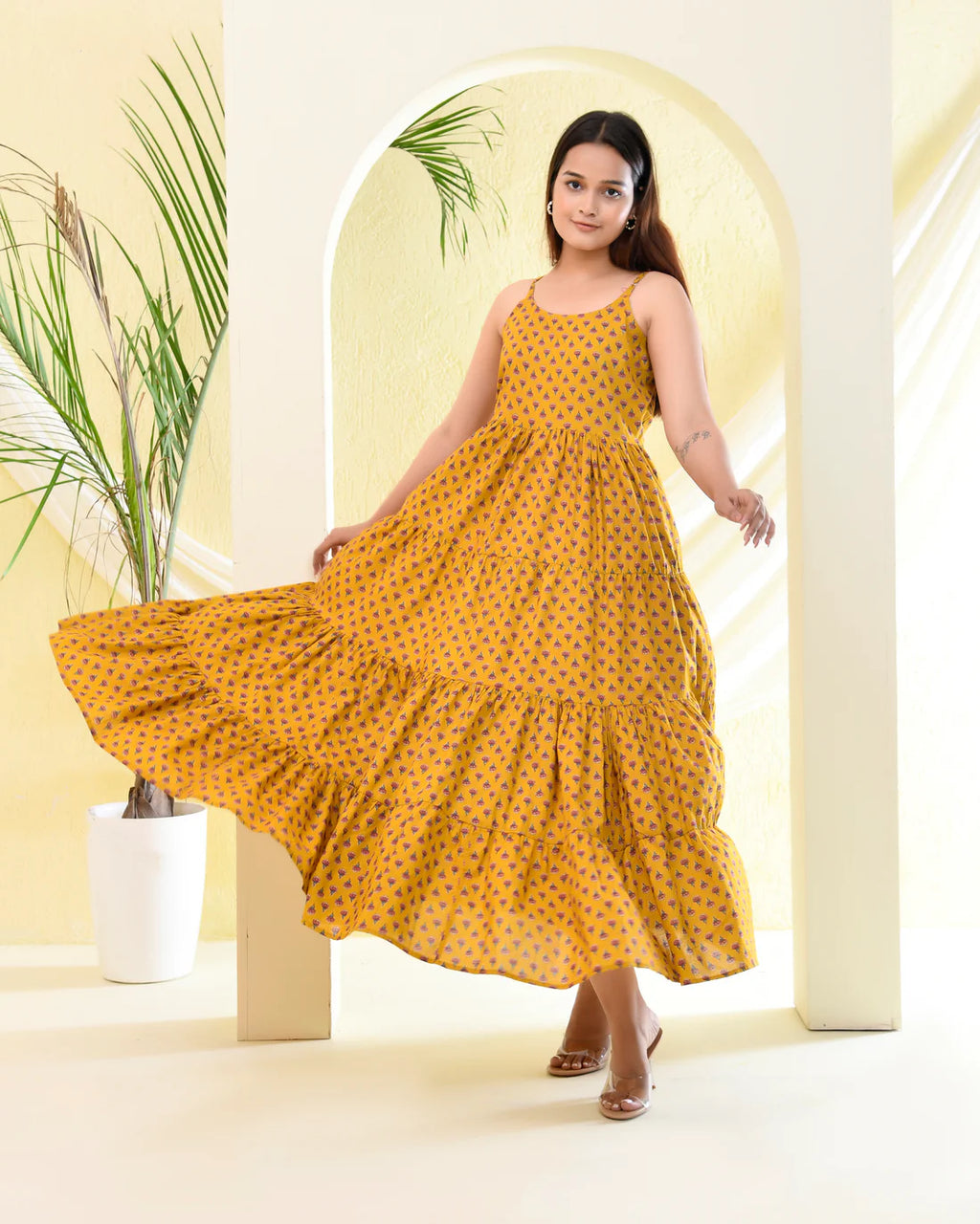 Mustard Printed Tiered Maxi Dress — Premium Cotton, Adjustable Straps