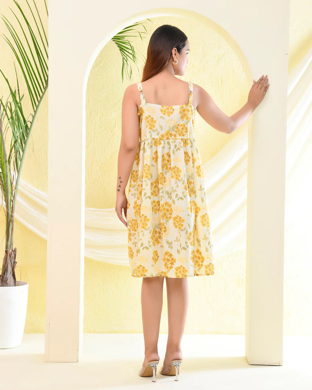 Yellow Floral Printed Cotton Dress with Front Pockets — Casual Summer Wear